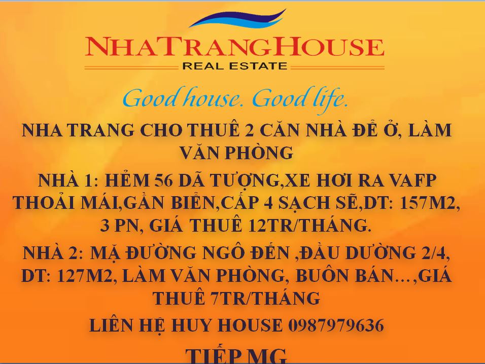 Nha Trang Cho thuê 2 căn nhà để ở/ làm văn phòng. 0987979636